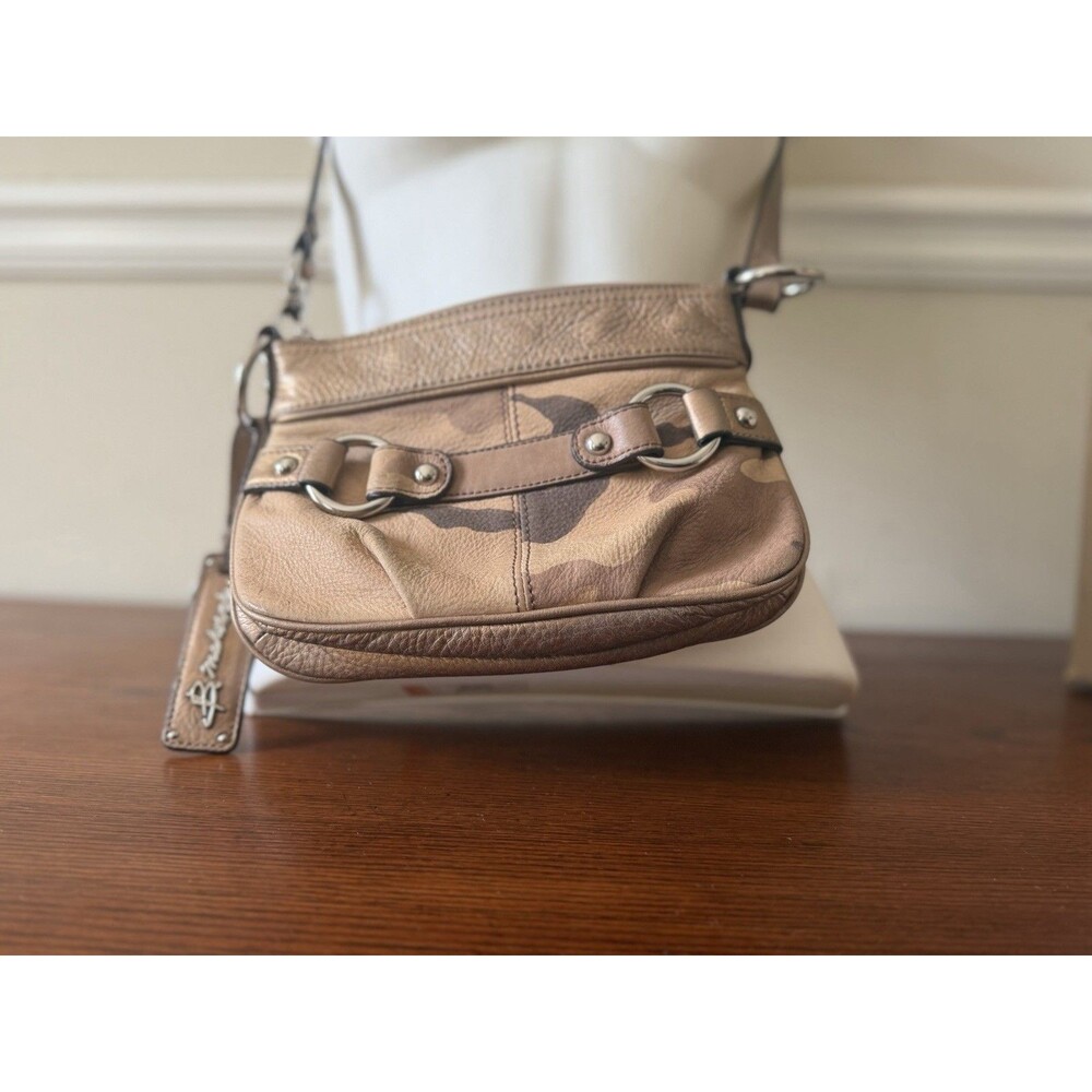 B Makowsky Gold Tan Bronze Camouflage Soft Leather Crossbody Leopard Lining Bag - Picture 9 of 16